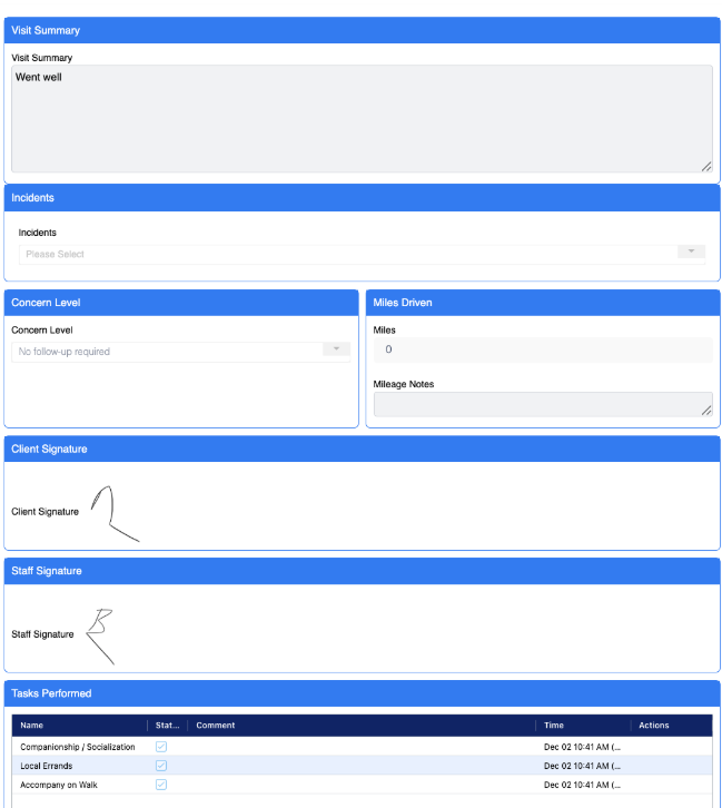 Blue-and-white web form with comment boxes, dropdowns, and a task notes table at the bottom