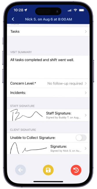 Mobile app screen showing a work log form with task notes, incident details, signatures, and action buttons.