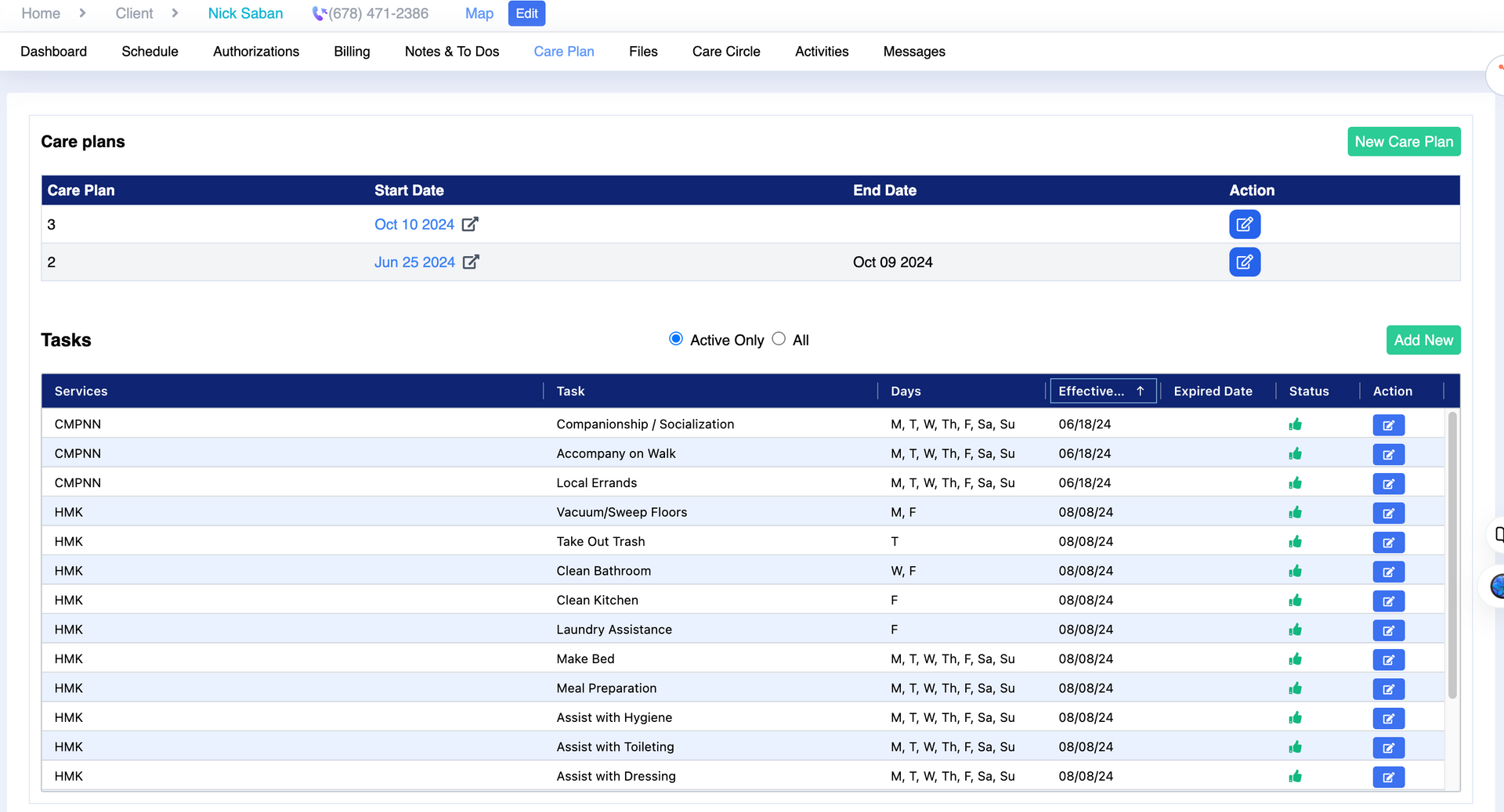 Web dashboard showing an asset list table with status icons and action buttons in a blue-and-white interface