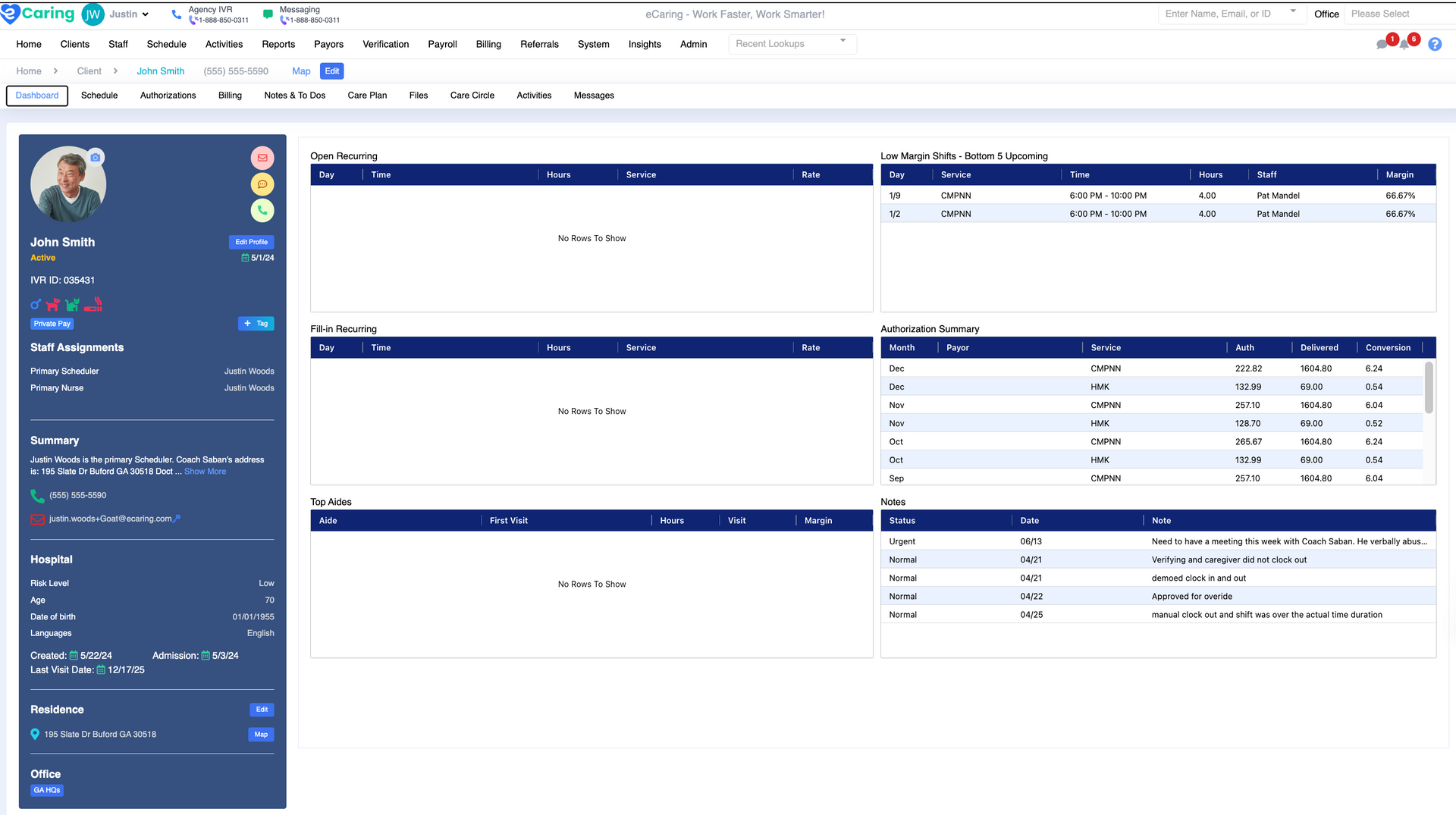 Blue-and-white software dashboard with profile sidebar and multiple data tables in the main panel