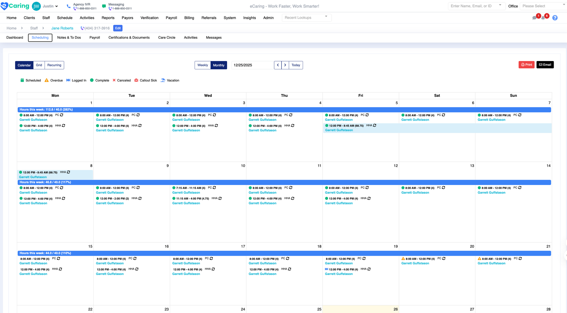 Spreadsheet showing a weekly calendar-style schedule with blue row headers and multiple columns of entries in a desktop app