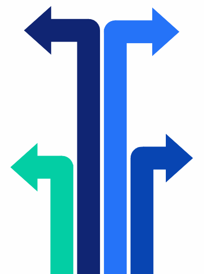 Four directional arrows in blue, dark blue, and teal pointing left, right, and up around a central upward arrow