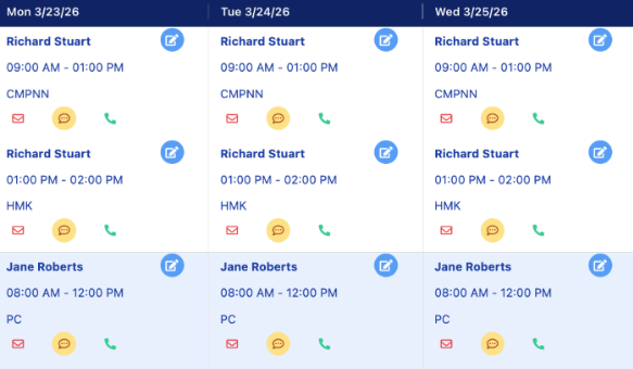 Calendar with blue appointment cards for Richard Stuart and Jane Roberts, showing times and phone/video icons