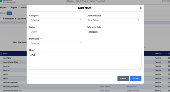 Add Note dialog over a blurred data table, with fields and Cancel and Save buttons.