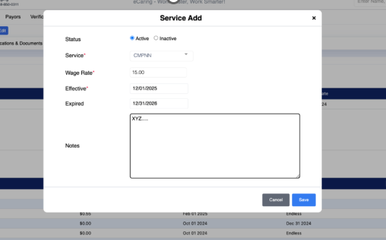 Service Add modal with status, vendor, weight, and notes fields, plus Cancel and Save buttons