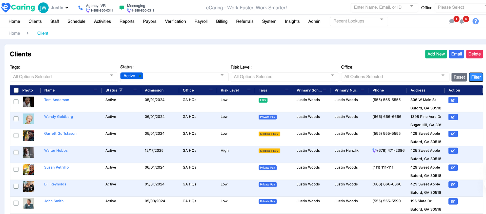 Web dashboard showing a staff list table with rows, filters, and action buttons on a white interface