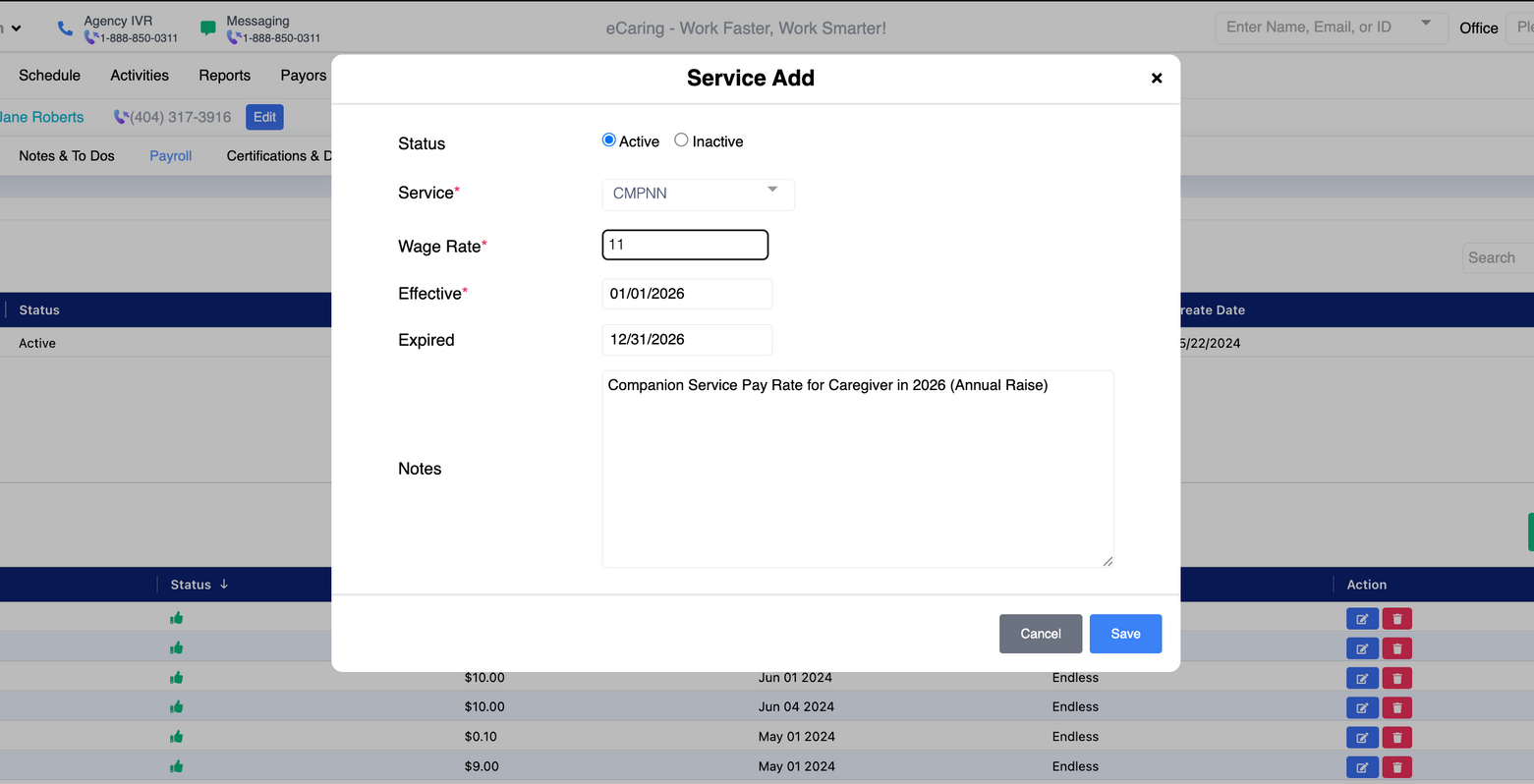Centered “Service Add” dialog over a data table, with form fields and Save/Cancel buttons.