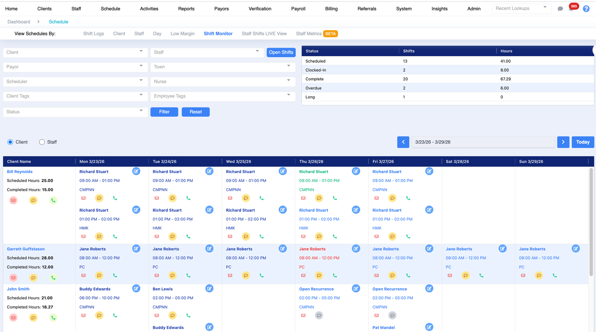Calendar-style scheduling dashboard with filters at top and a grid of weather forecast icons below