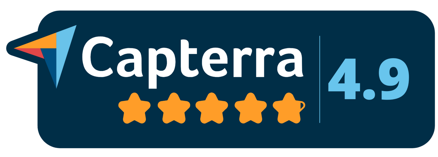 Capterra rating badge with 4.9 stars and five orange stars.