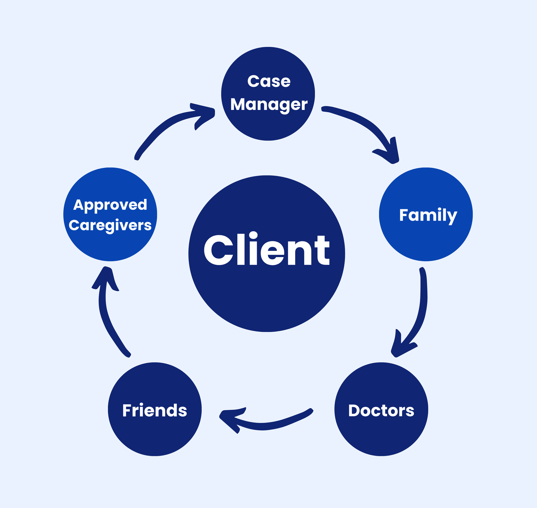 Circular care network diagram with Client at center.