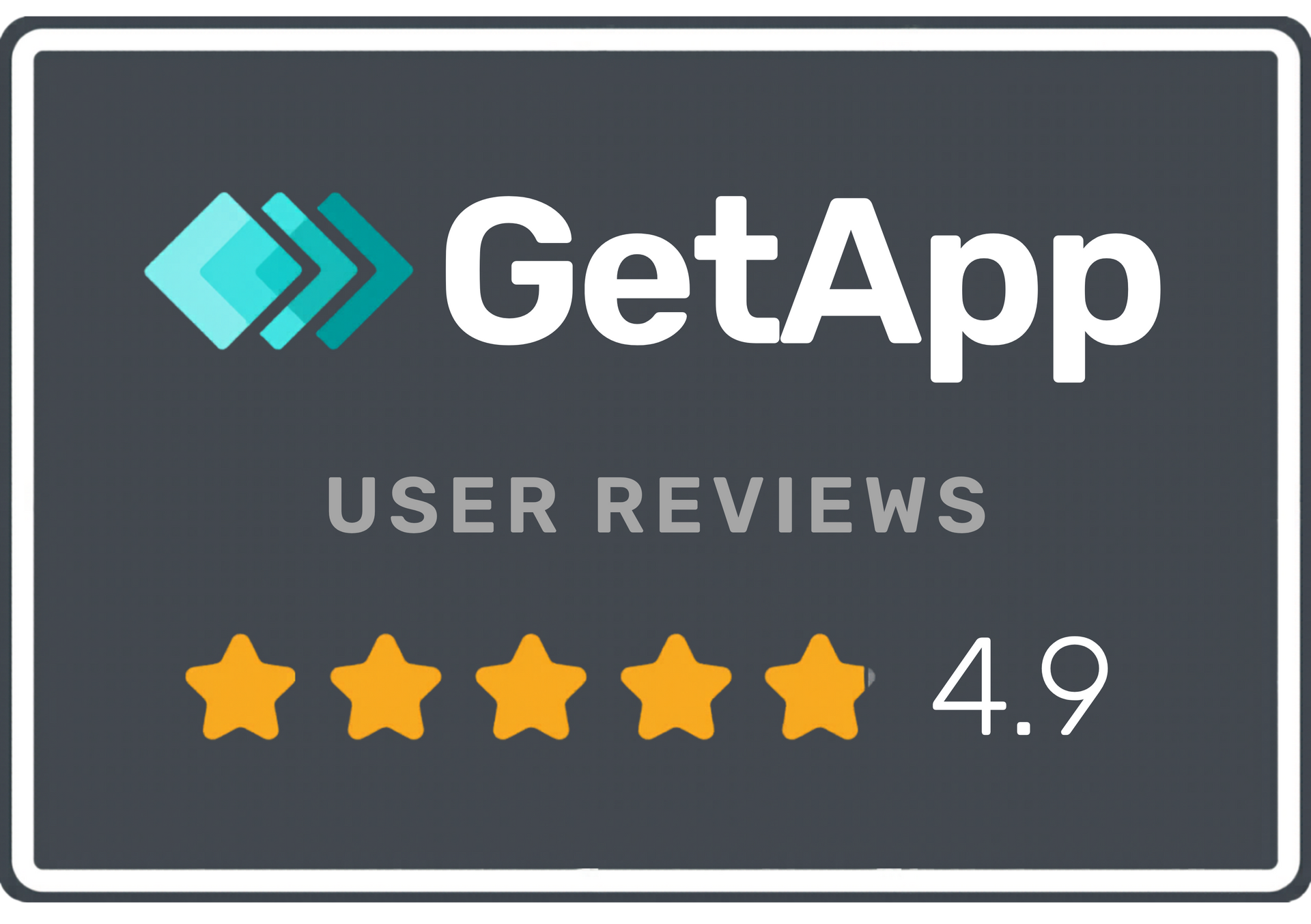 GetApp user reviews: 4.9 stars out of 5. Dark gray background with logo and four and a half yellow stars.