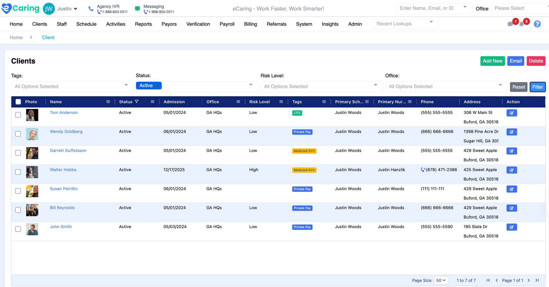 Dashboard table showing a list of records with avatars, dates, colored status tags, and action buttons.