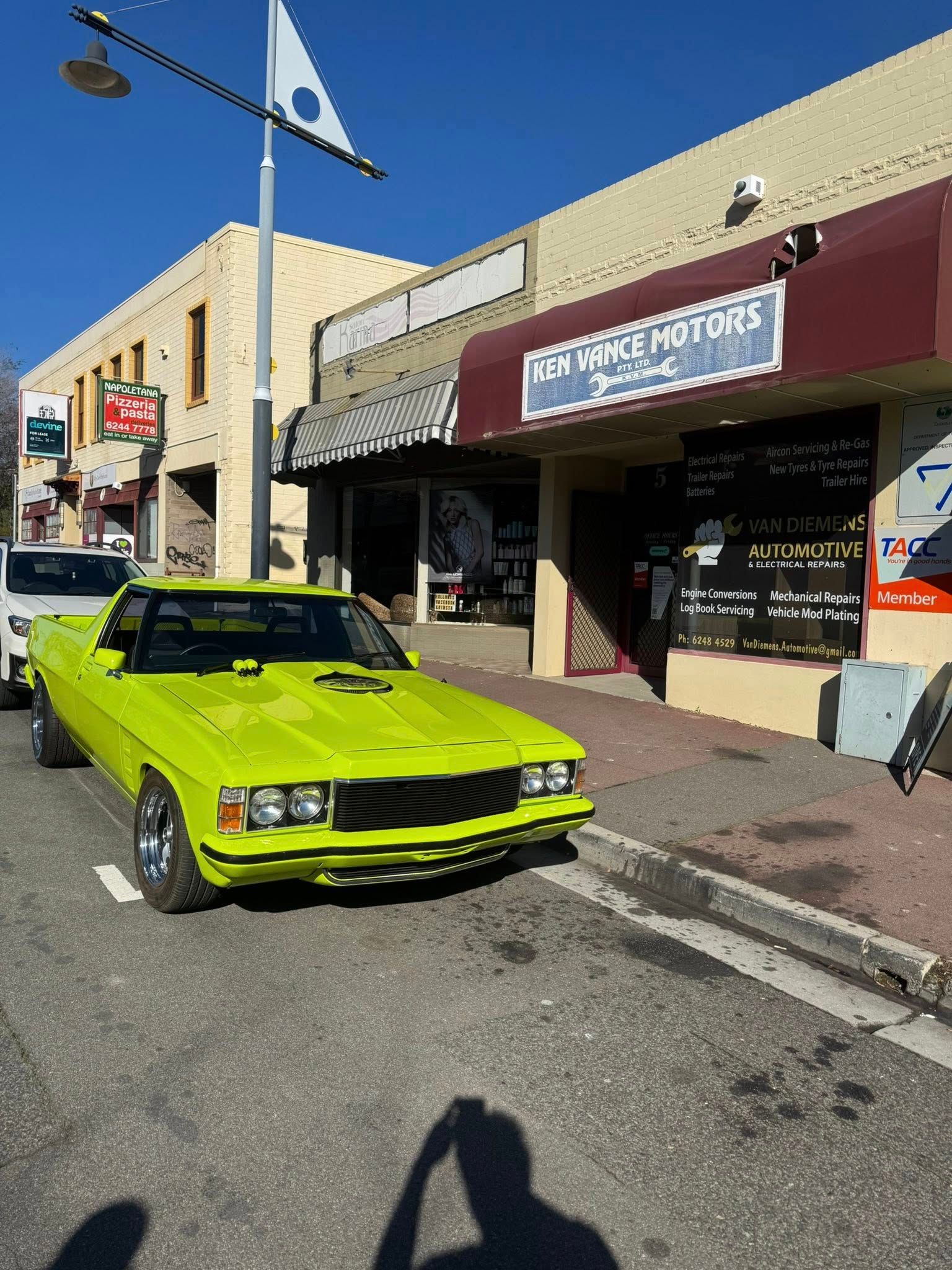 Bright Lime-green Classic Car Parked Outside a Storefront — Van Diemen's Automotive & Electrical Repairs In Bellerive, TAS