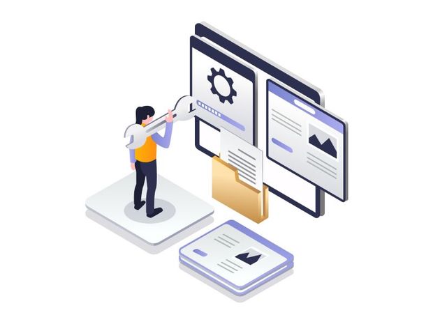 an isometric illustration of a man holding a key in front of a computer screen
