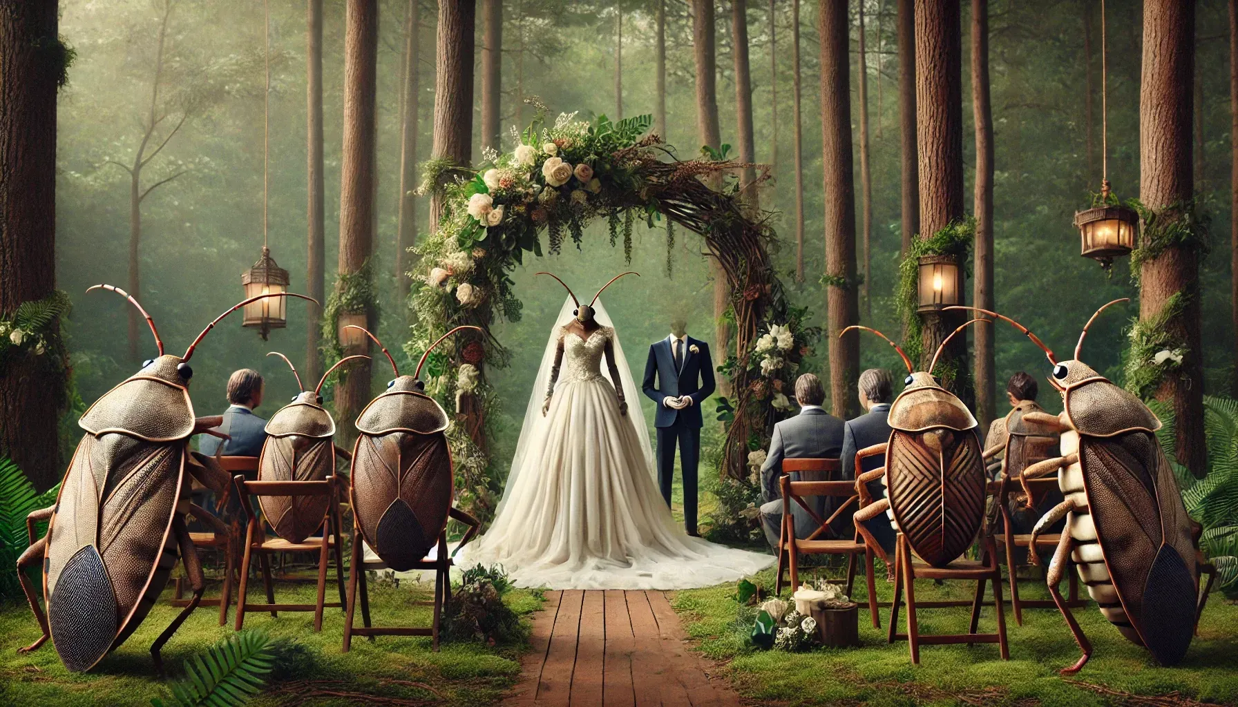 A bride and groom are getting married in the woods surrounded by stinkbugs at Stink Bug Wedding Chapel.