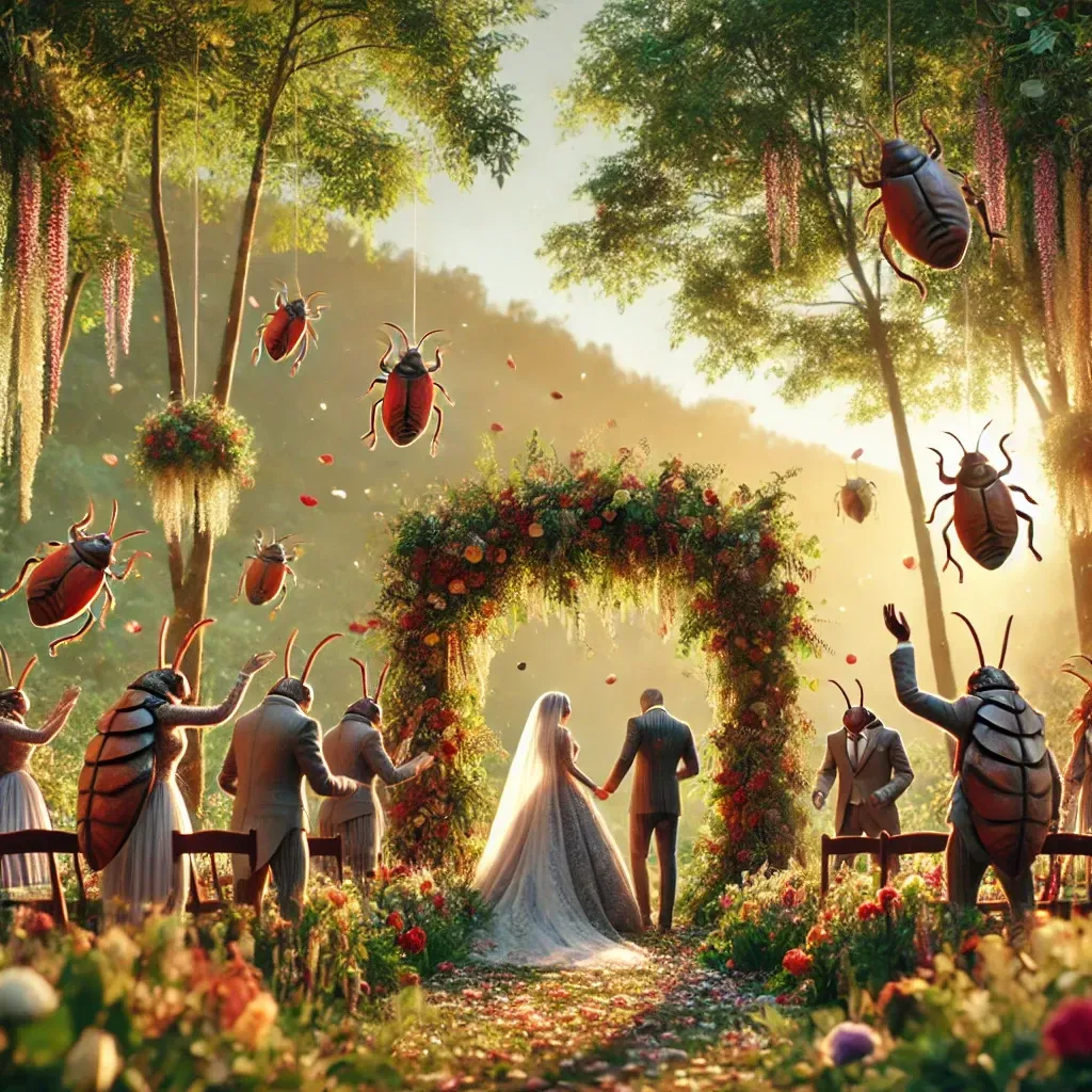 A bride and groom are standing under a flower arch surrounded by stinkbugs at the Stink Bug Wedding Chapel.