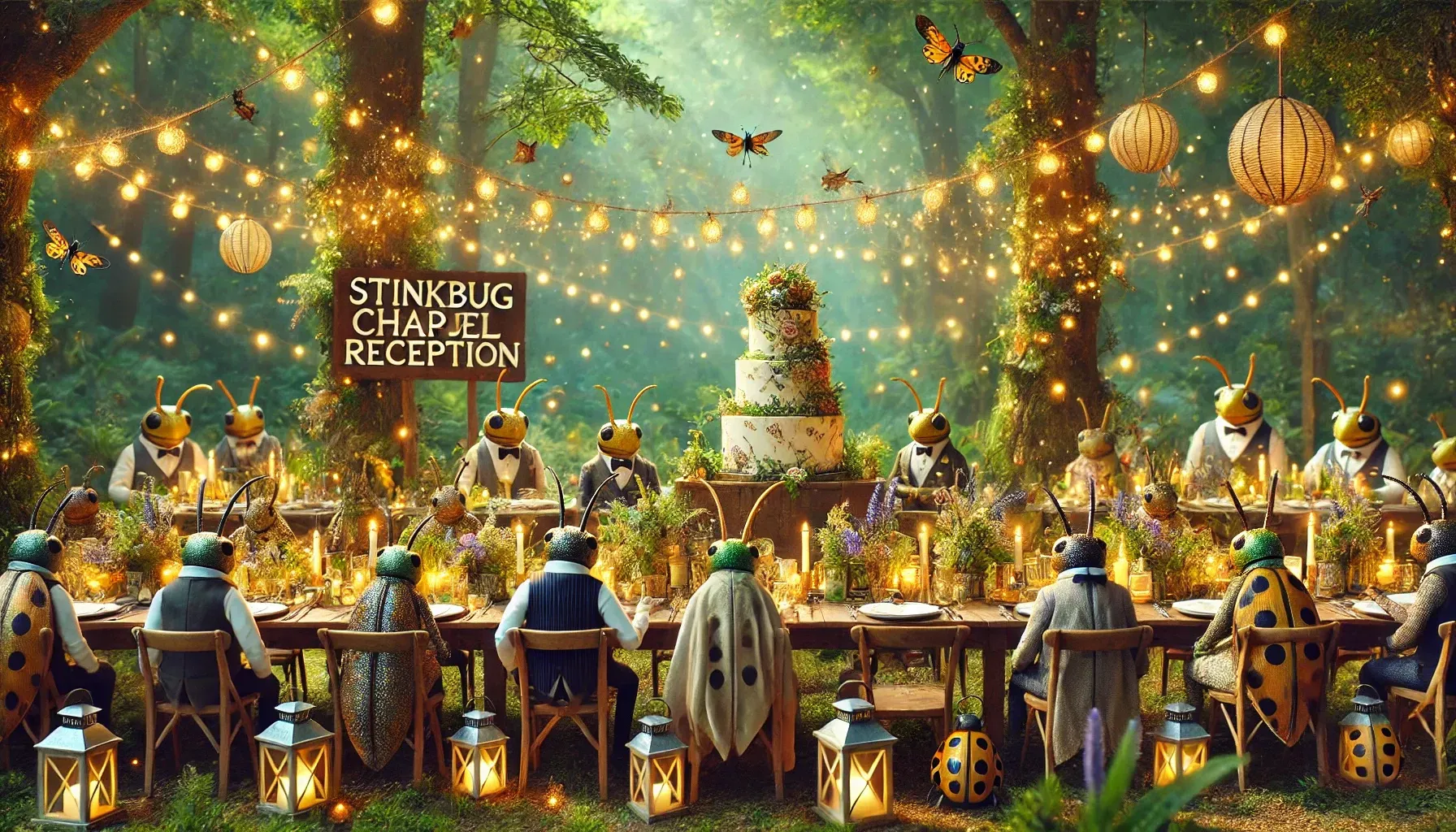 A group of stinkbugsare sitting at a long table in the woods at Stink Bug Wedding Chapel.