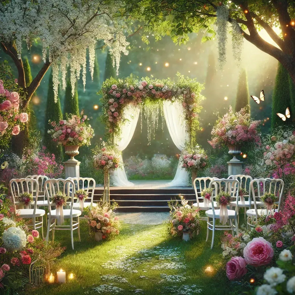 A wedding ceremony is taking place in a garden surrounded by flowers and chairs at stink bug wedding chapel