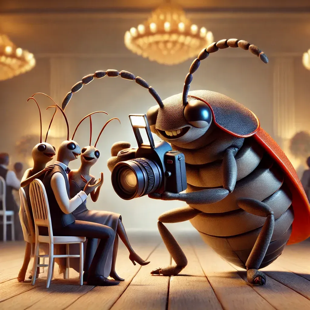 A cockroach is taking a picture of a group of people sitting in chairs at stink bug wedding chapek