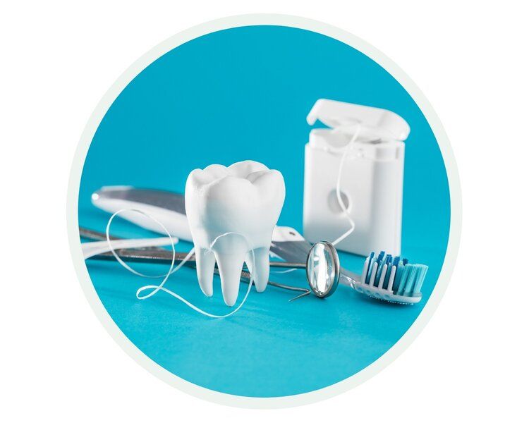 Dental tools and a tooth model on a blue background.