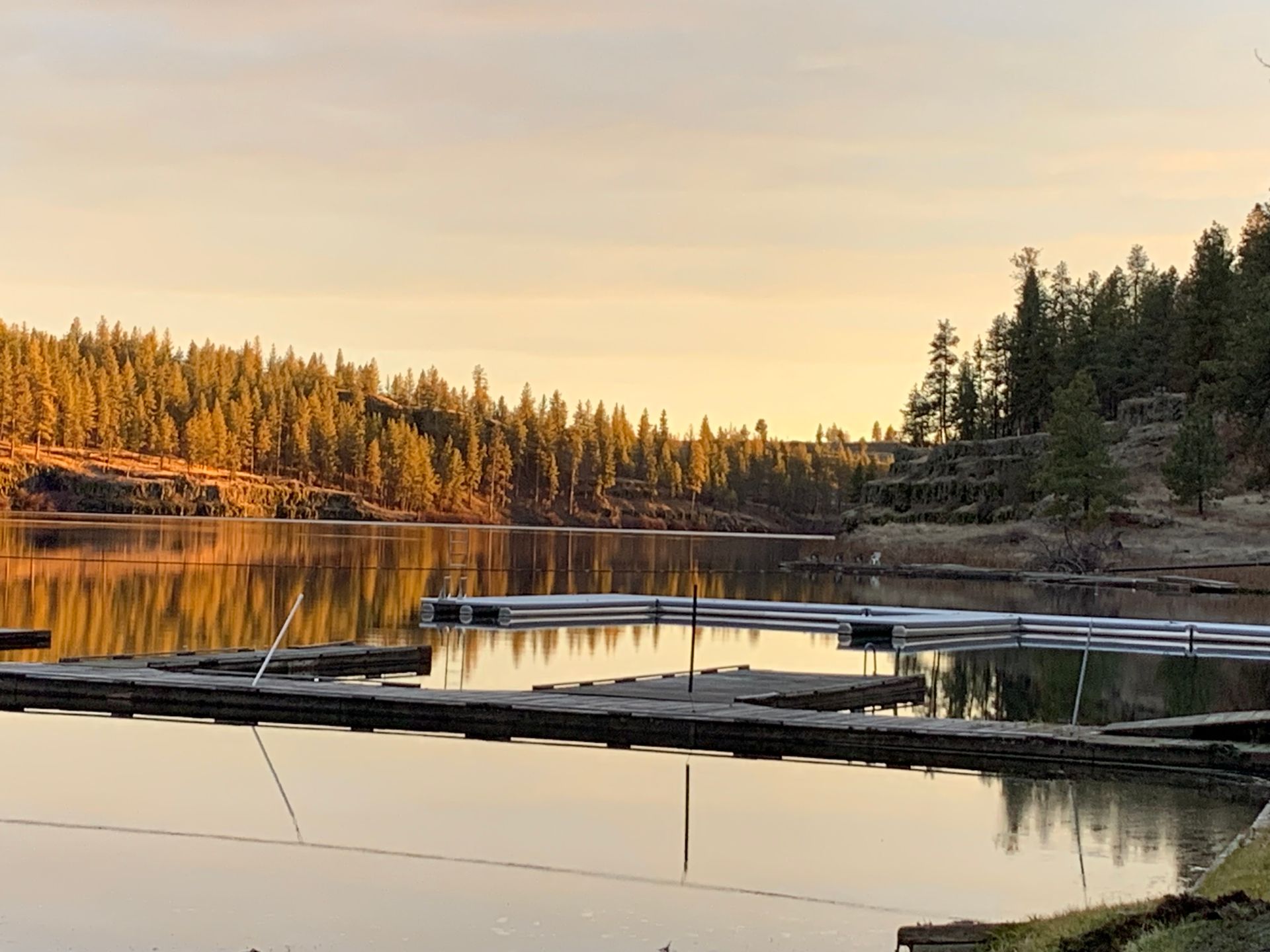 Calm lake reflects a golden sunrise; docks in foreground, pine forest on the banks.