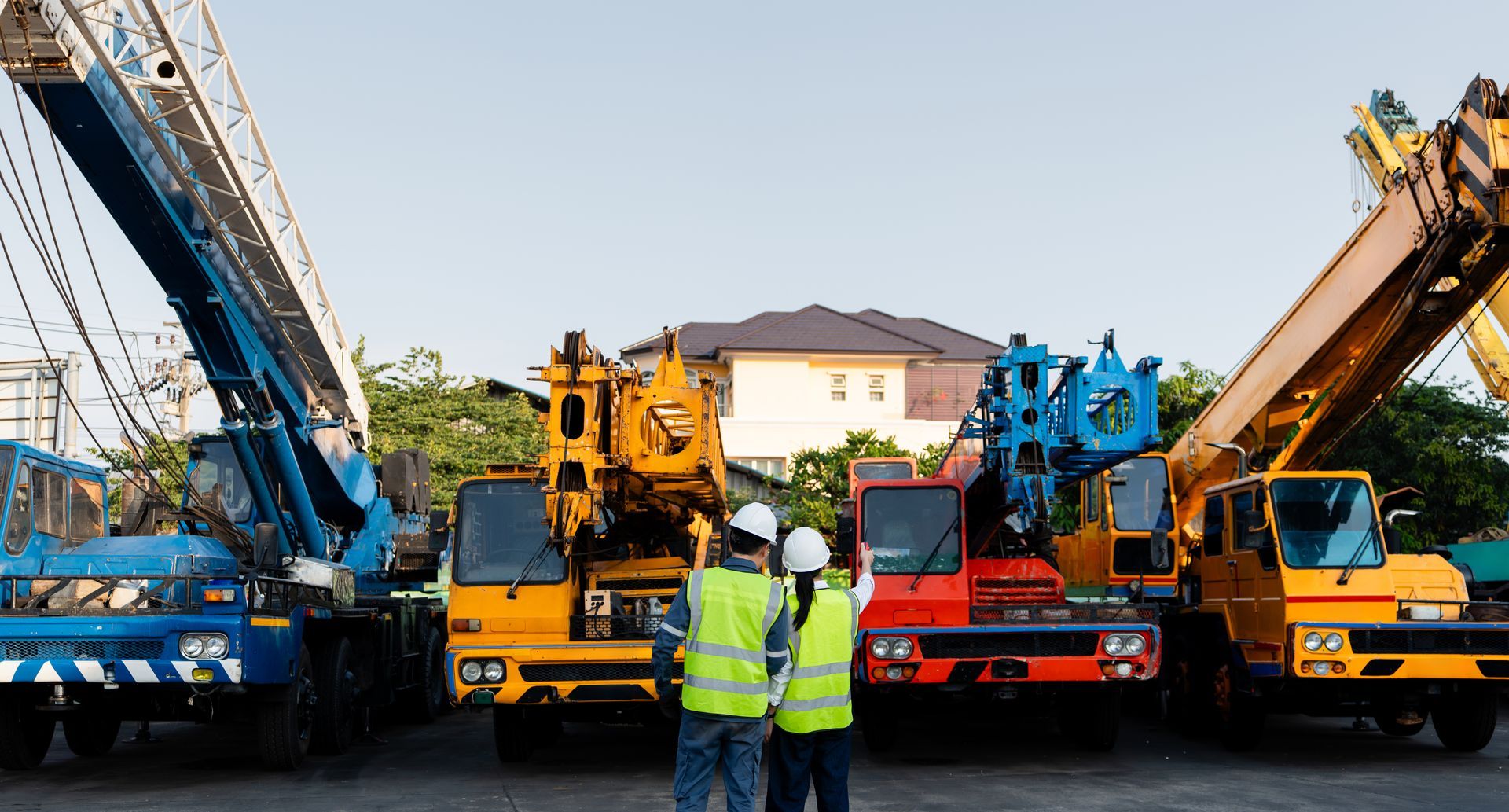 Workers in safety vests reviewing a fleet of mobile cranes before a crane lifting job