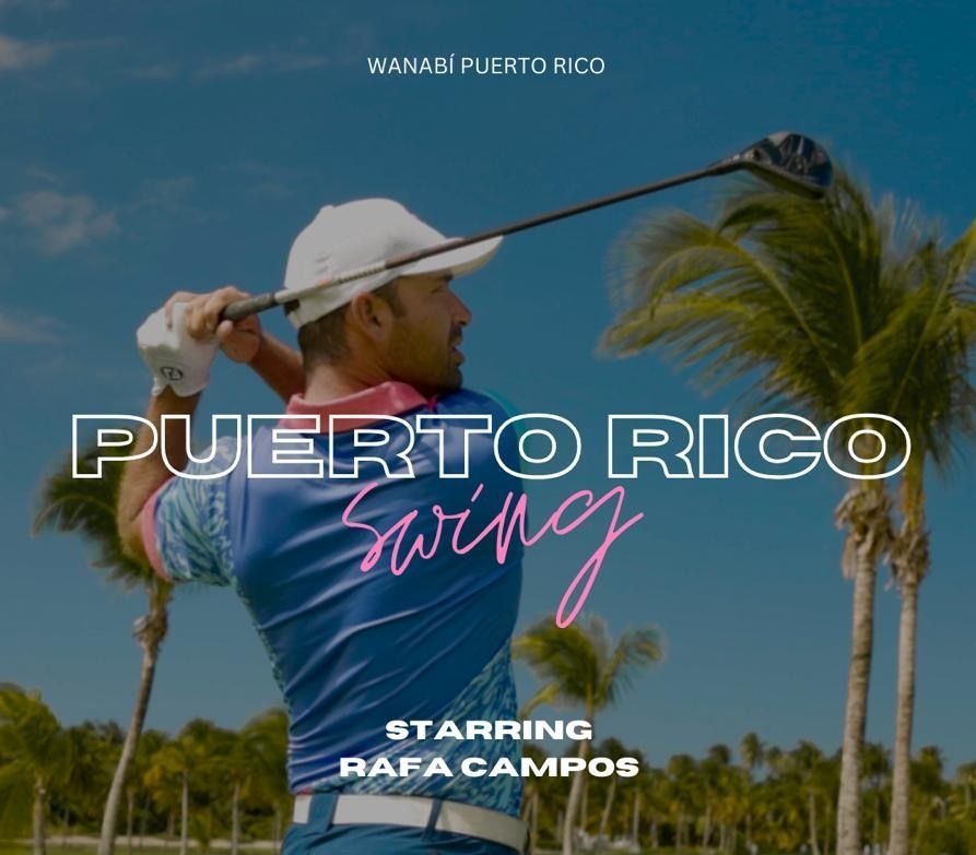 Golfer swinging club on a tropical course, with text “Puerto Rico Swing” and palm trees in the background