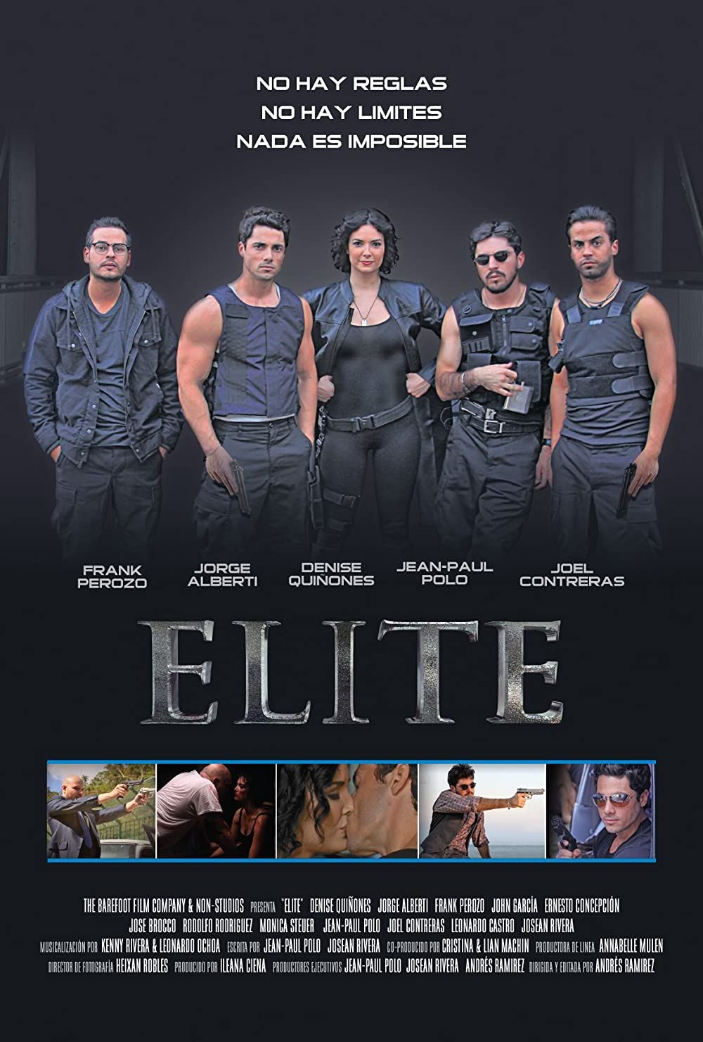 Group of five people posing in dark outfits above the title “ELITE,” with small scene thumbnails below