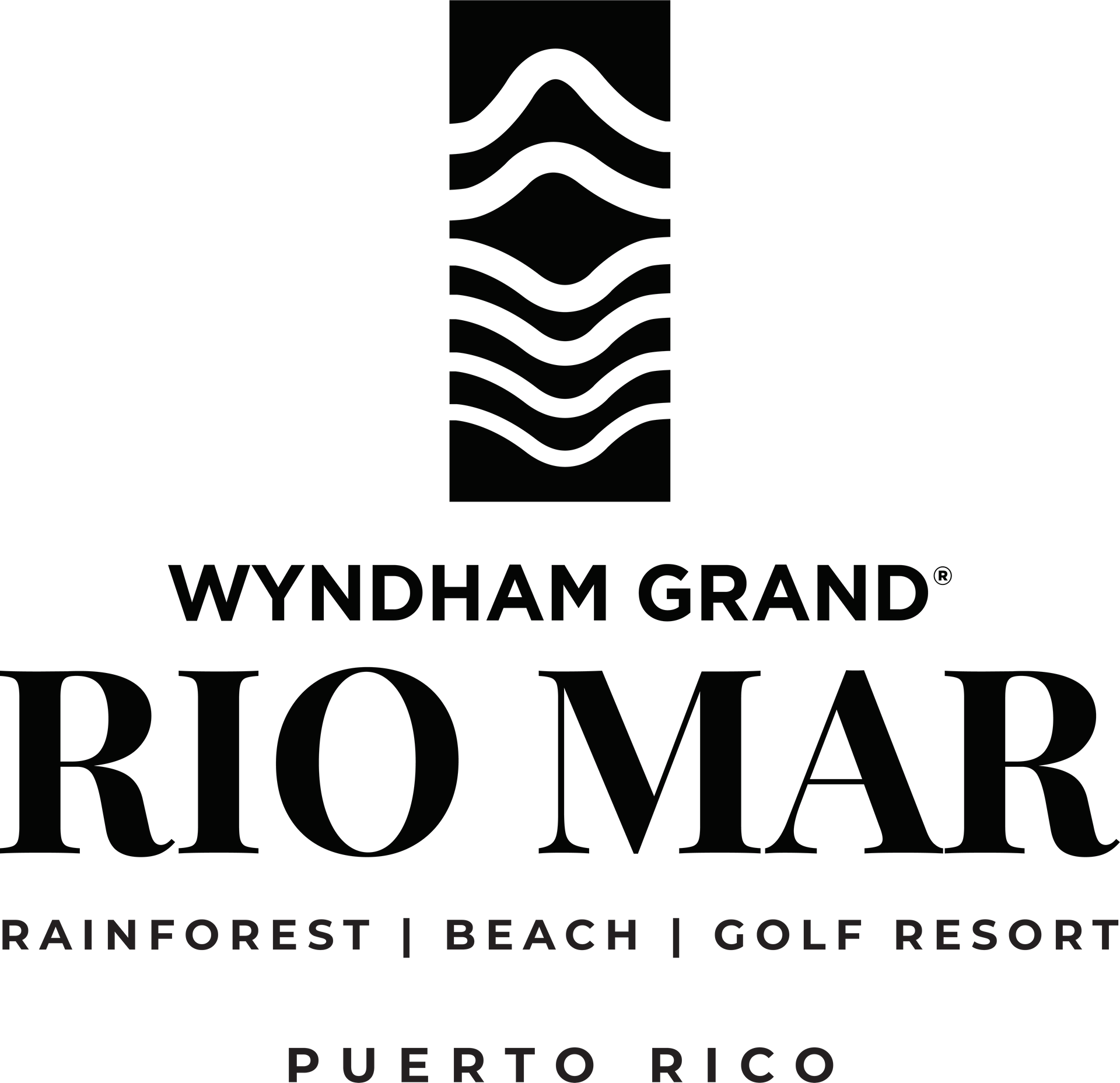 Wyndham Grand Rio Mar logo with black wave icon and text for Rainforest, Beach, Golf Resort in Puerto Rico