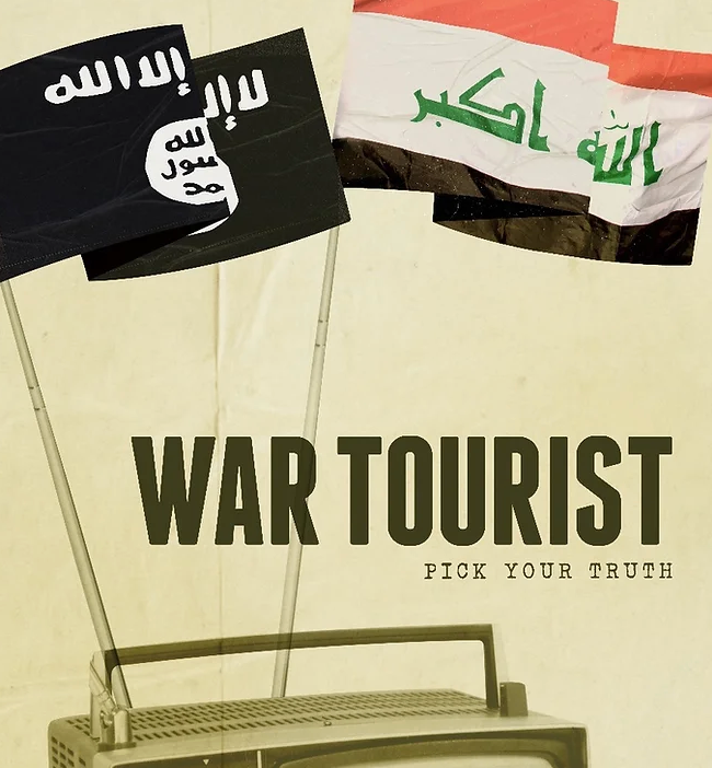 Two flags over a suitcase: black and Iraqi flags above the words “WAR TOURIST” on a beige cover.