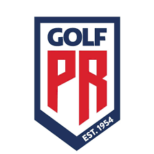 GOLF PR logo in navy and red with “EST. 1954” on a shield shape
