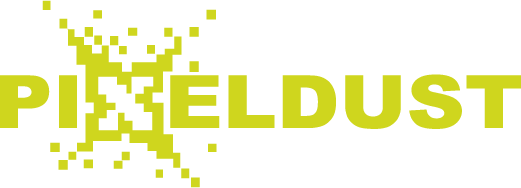 Yellow PIXELDUST logo with pixelated X-shaped starburst design