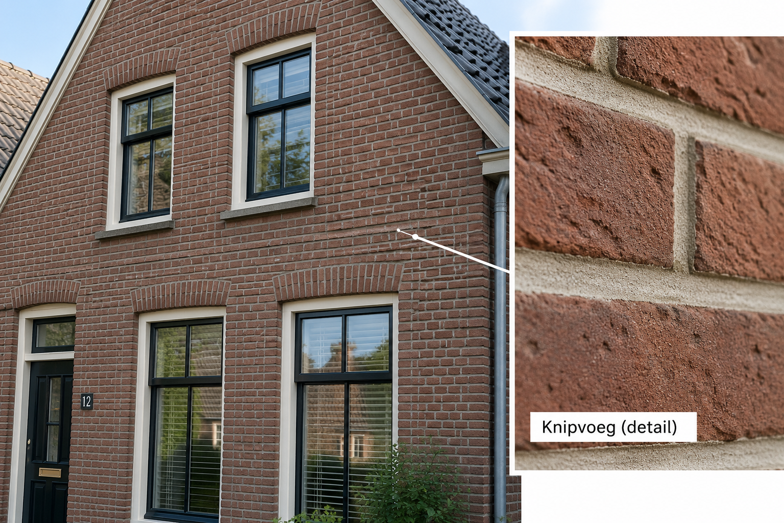 Knipvoegdetail in een bakstenen gevel Bakstenen gevel met knipvoeg, fijne accentlijn in de voeg naast een vlakke snijvoeg