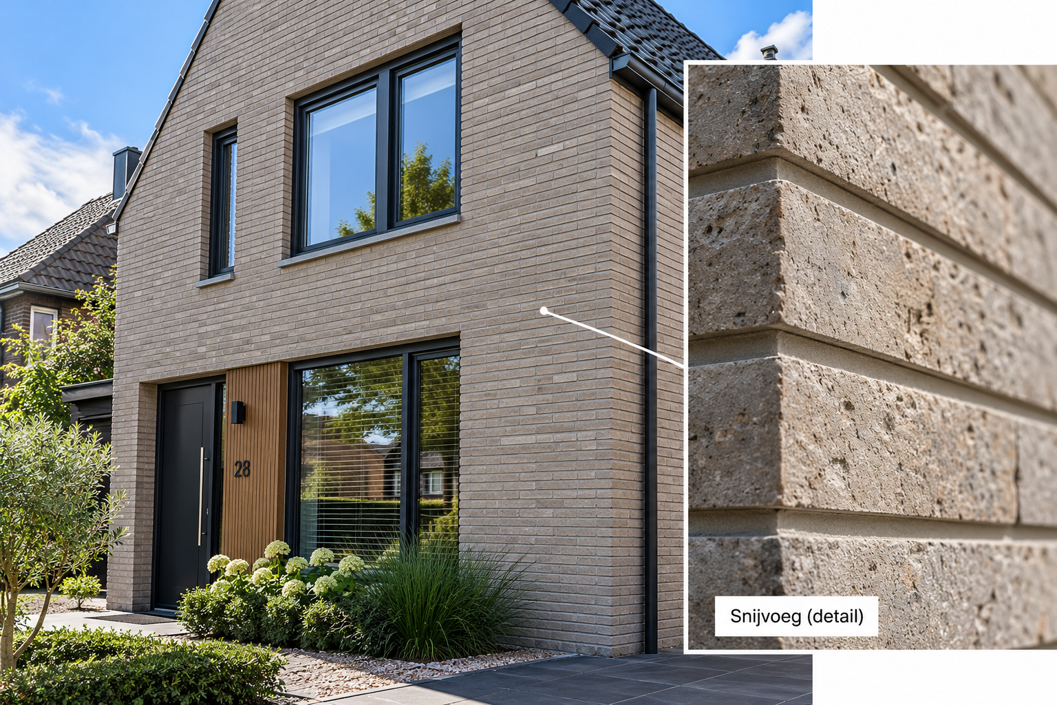 Moderne woning met snijvoeg in het metselwerk, strak en vlak afgesneden voegen