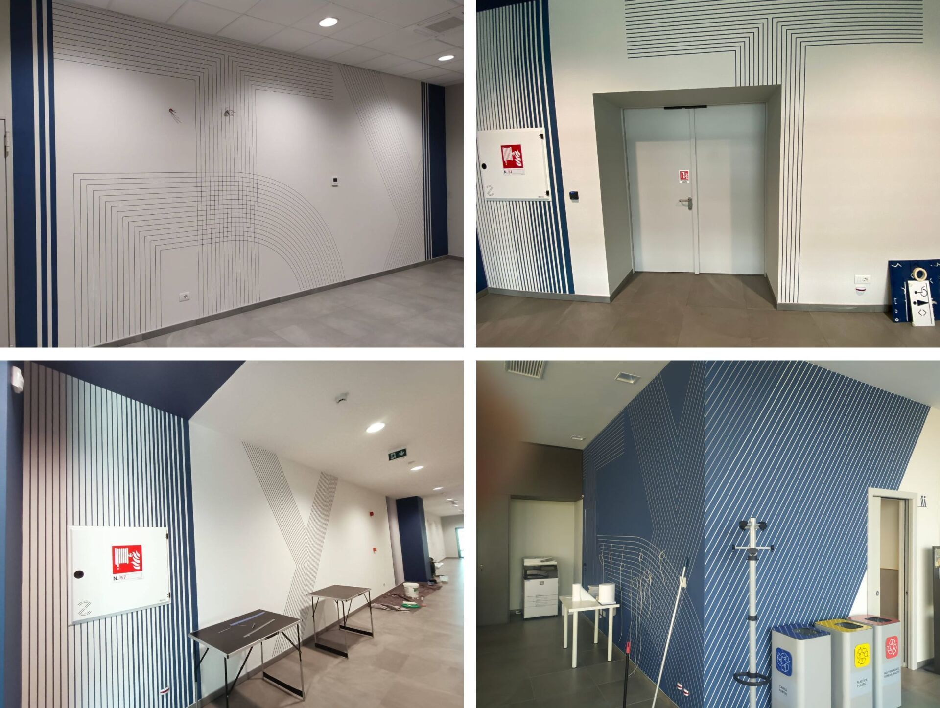 Quattro viste di un corridoio moderno con pareti decorate con motivi blu, porte bianche, panchine e cestini per i rifiuti.