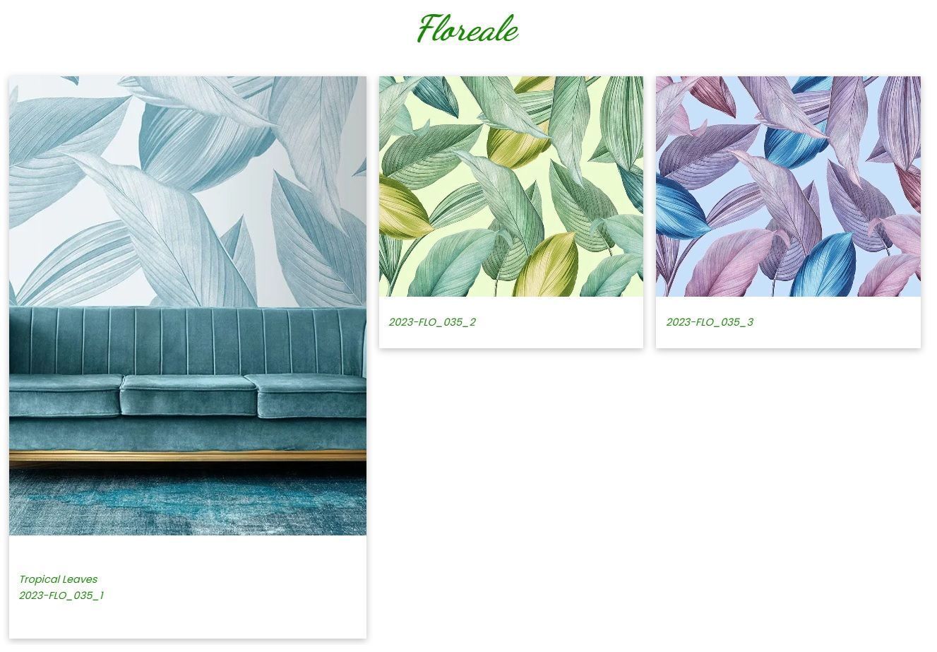 Mood board con motivi floreali, foglie dai colori pastello e un campione di divano color verde acqua.