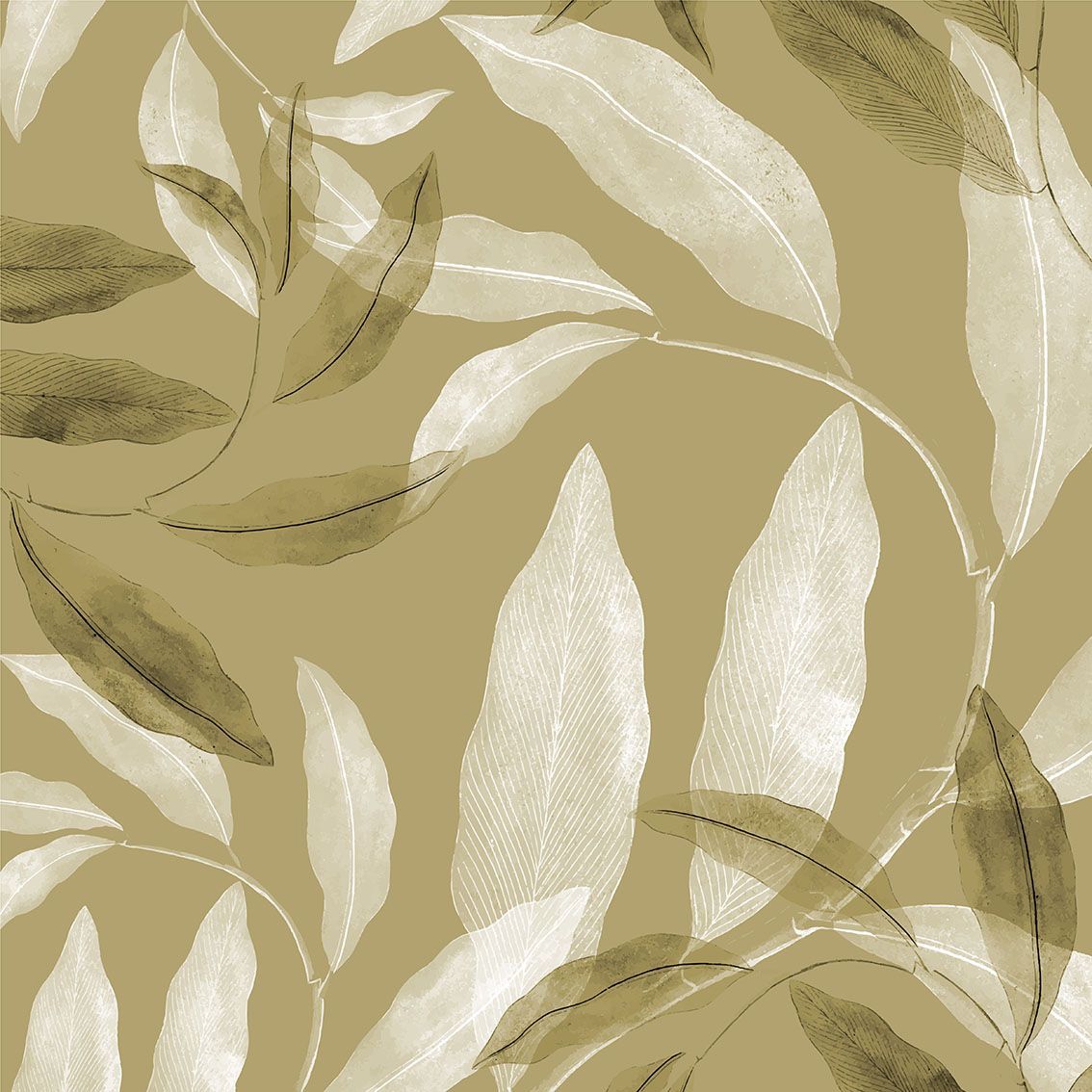 Carta da parati astratta beige con motivi floreali e foglie color crema e oliva.