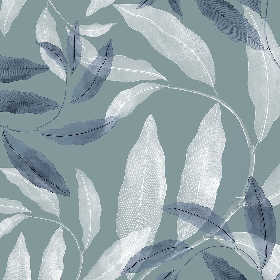 Motivo botanico a foglie grigio-blu con foglie bianche e blu scuro.