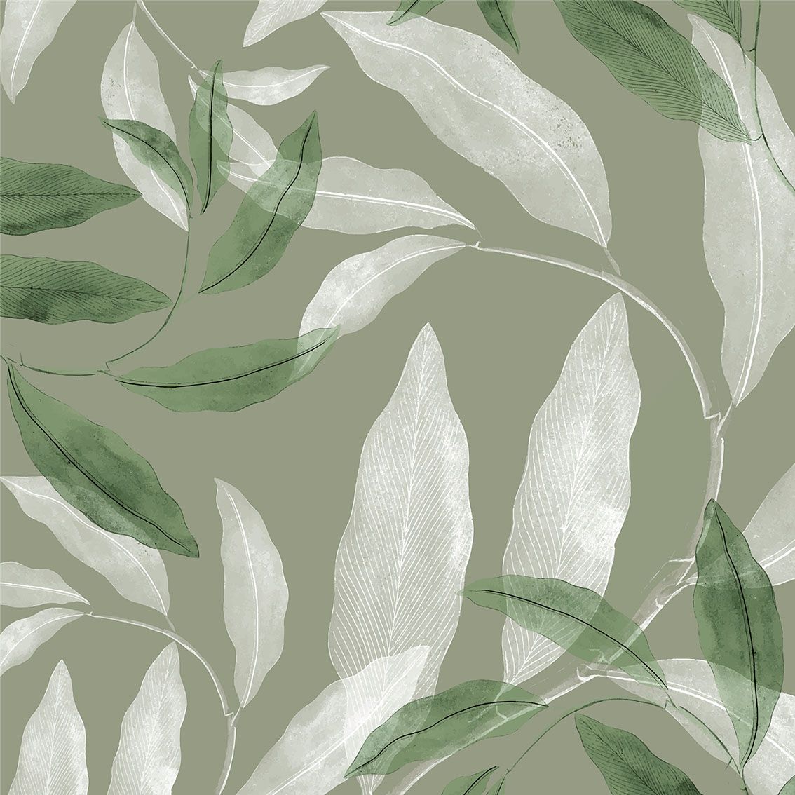Motivo botanico astratto con foglie verde chiaro e bianche su uno sfondo verde salvia tenue.