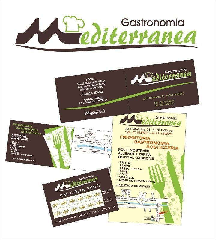 Assortimento di biglietti da visita e articoli di cancelleria Gastronomia Mediterranea con logo verde e marrone.