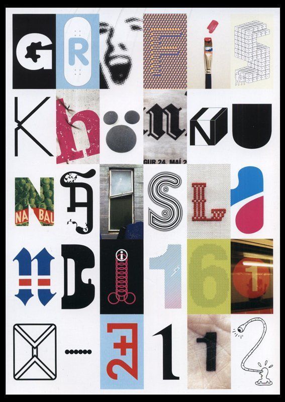 Collage di varie lettere stilizzate dell'alfabeto in nero, bianco, rosso e blu su uno sfondo a griglia.
