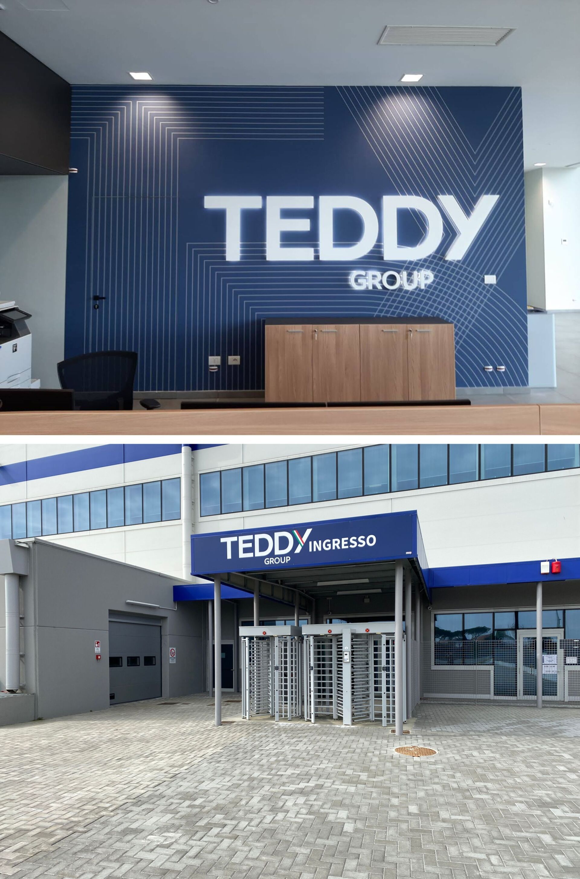 Vetrina e palco interno del Teddy Group con grande logo bianco su parete blu.