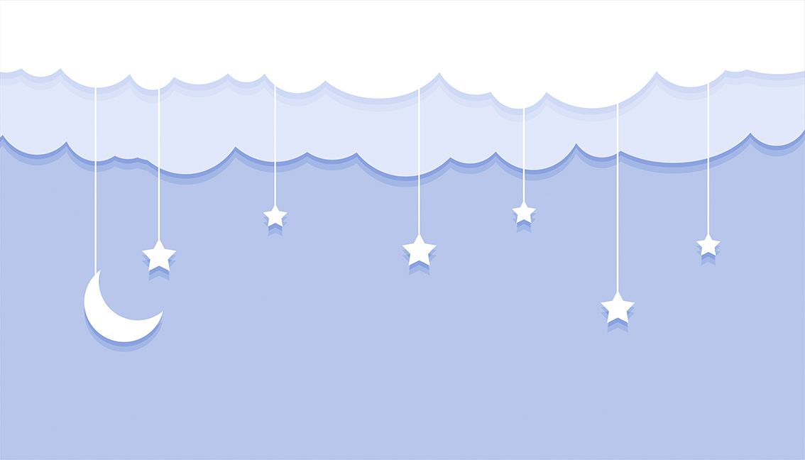 Sfondo azzurro in stile cameretta con stelle bianche sospese e luna crescente sotto nuvole soffici.