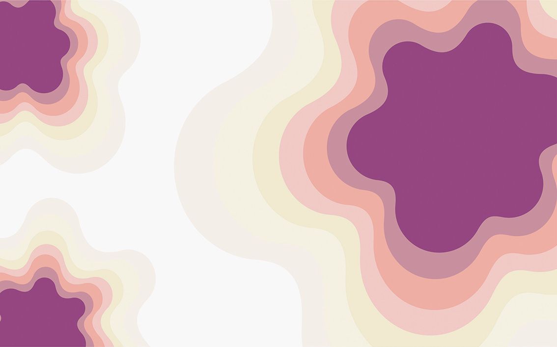 Motivo floreale astratto dai toni pastello, viola, rosa e crema, con forme organiche morbide e stratificate.