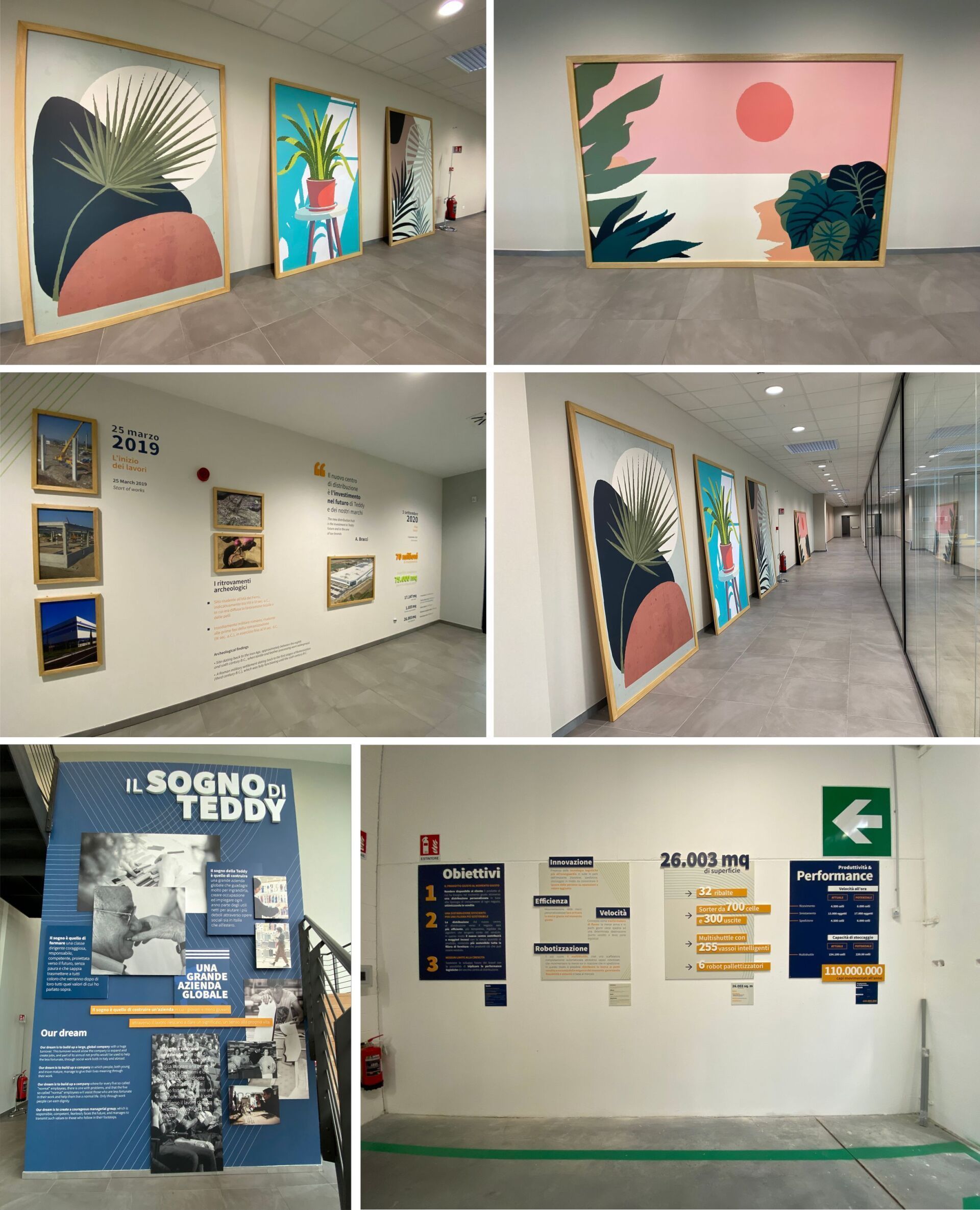 Un collage di murales e poster colorati in un luminoso corridoio interno e nella hall.