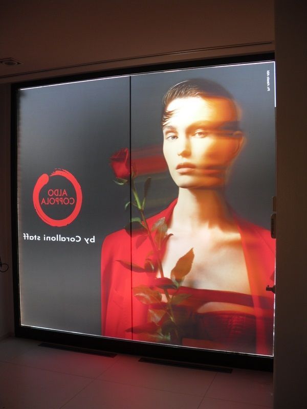 Vetrina digitale con l'immagine di una donna in abito rosso su sfondo scuro.