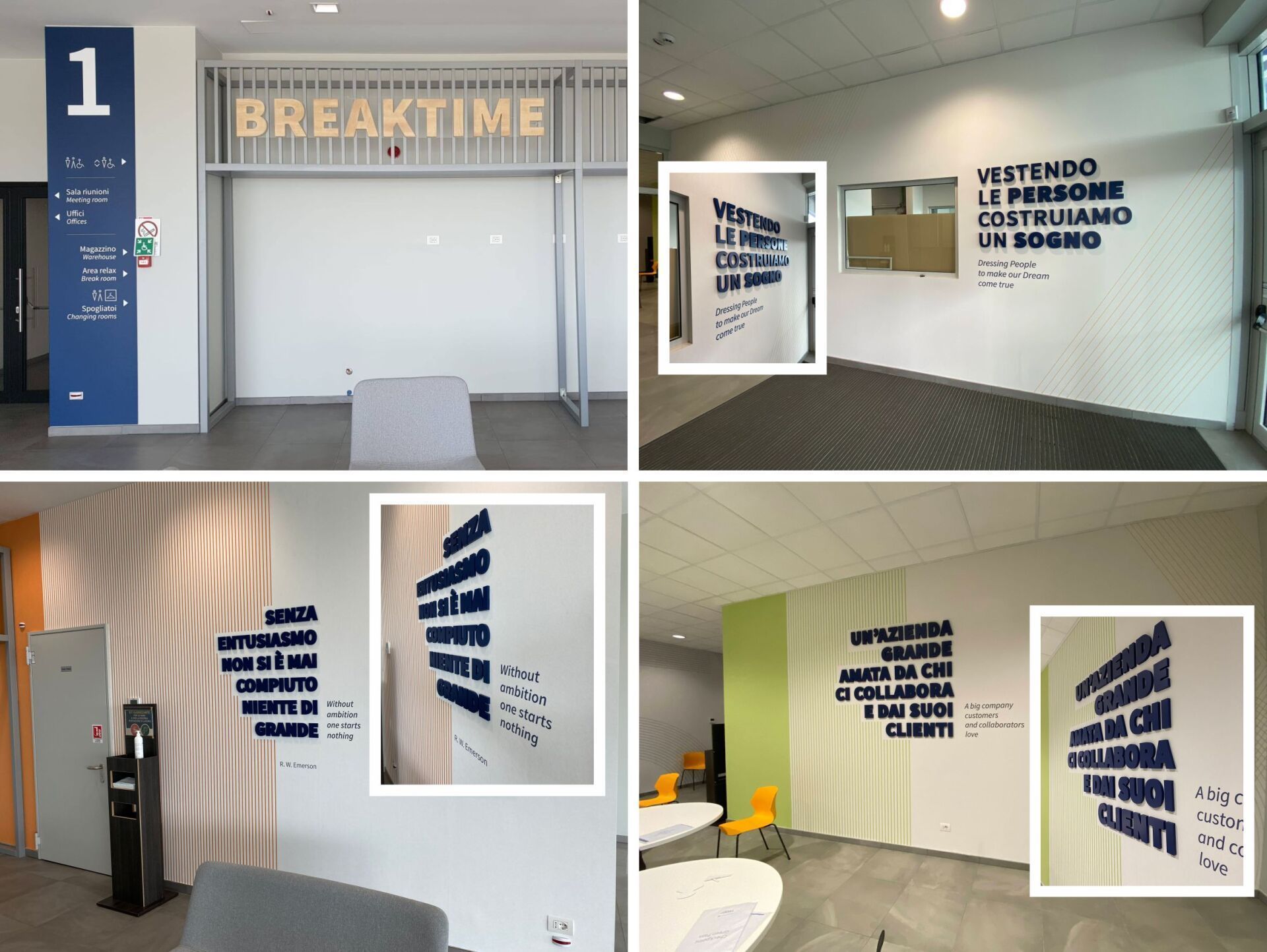 Collage di un corridoio e di una sala comune di un campus universitario, con una scritta blu in grassetto sul muro e un cartello con la scritta 