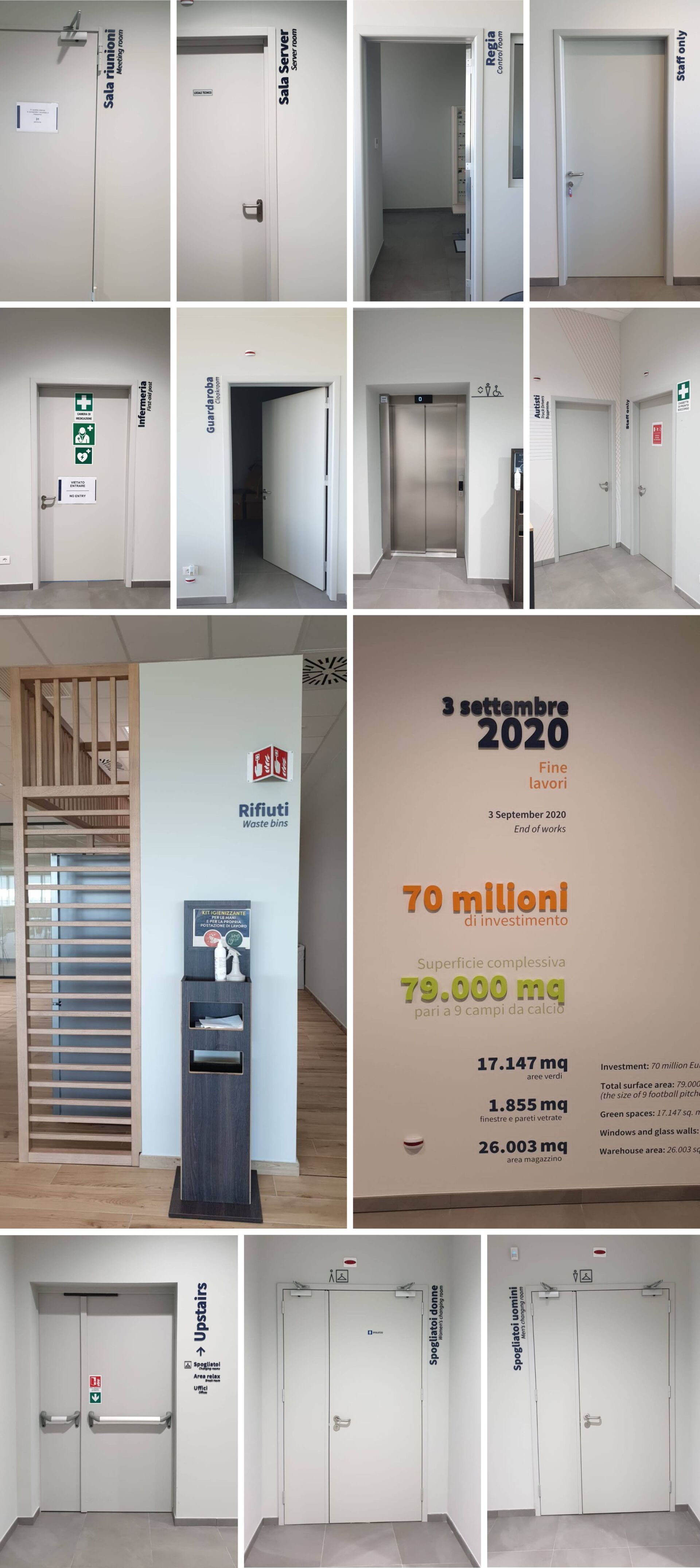 Collage di porte bianche vuote e segnaletica all'interno di un edificio, inclusa un'area ascensore.