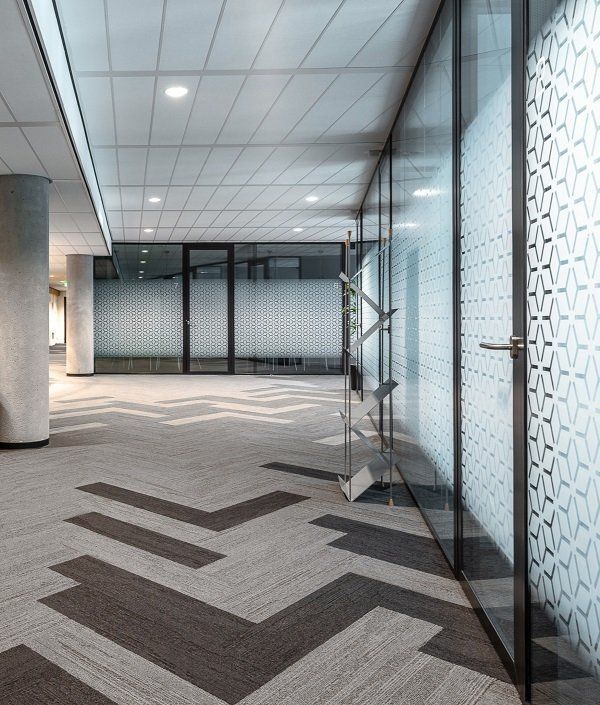 Atrio vuoto di un moderno ufficio con pareti divisorie in vetro, moquette a motivi geometrici e faretti a incasso sul soffitto.