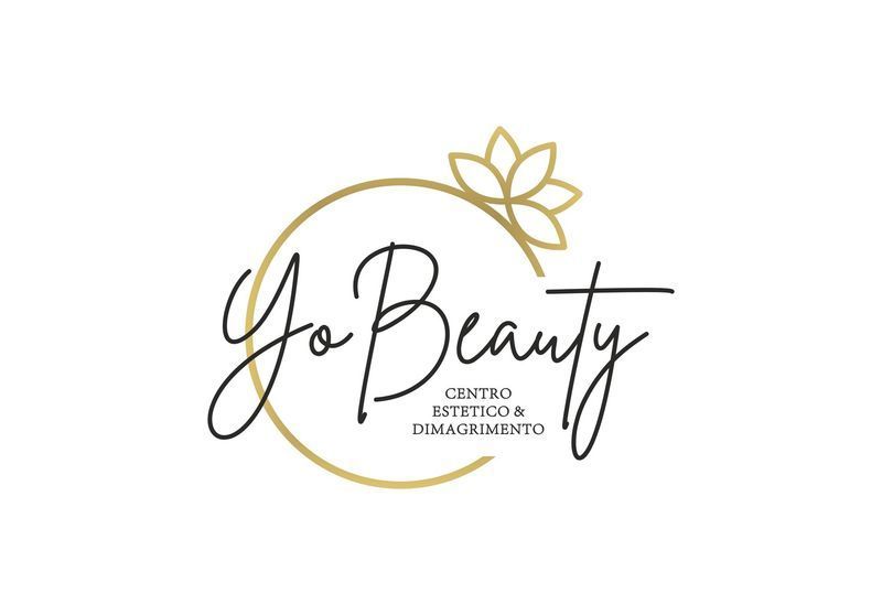 Logo per Yo Beauty Beauty Center and Discount, scritta nera con cerchio dorato e decorazioni floreali.